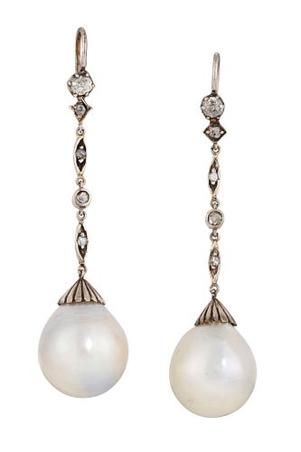 A PAIR OF DIAMOND AND PEARL EARRINGS, the old cut and rose cut diamonds, to