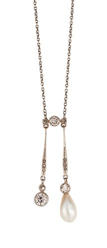 A 14CT NATURAL SALTWATER PEARL AND DIAMOND NEGLIGEE NECKLACE, the central r