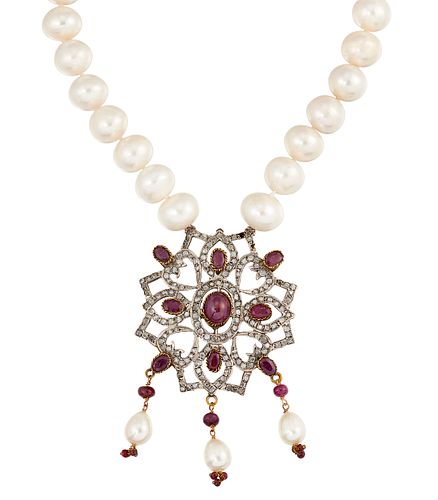 A RUBY, WHITE HARDSTONE AND CULTURED PEARL NECKLACE, the oval ruby cabochon