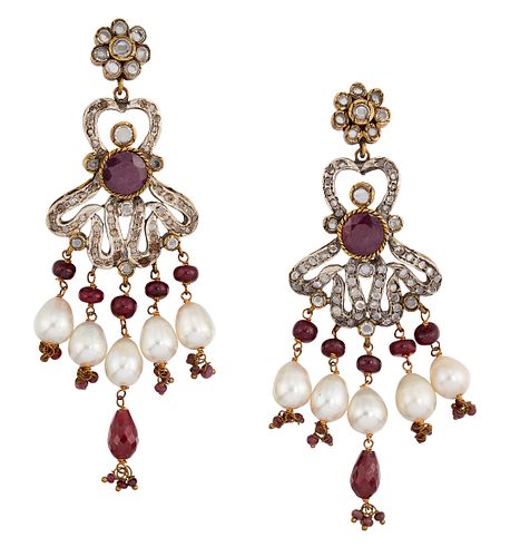 A PAIR OF RUBY, WHITE HARDSTONE AND CULTURED PEARL EARRINGS,? the central r