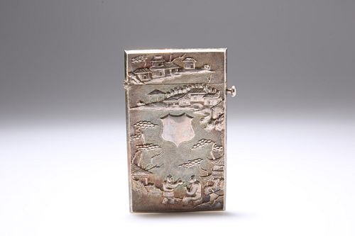 A CHINESE WHITE METAL CARD CASE, rectangular with hinged cover, chased to t