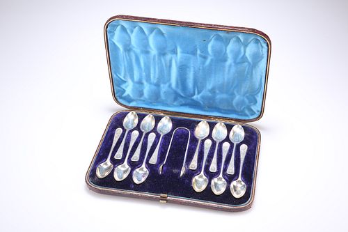 A SET OF TWELVE VICTORIAN SILVER TEASPOONS AND SUGAR TONGS,?by?George Willi