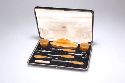 A VINTAGE MANICURE SET, in a Mappin & Webb fitted box, the boxes and handle