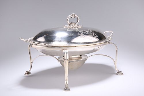 A GEORGE III SILVER TWIN HANDLED CHAFING DISH ON STAND, by John Schofield L