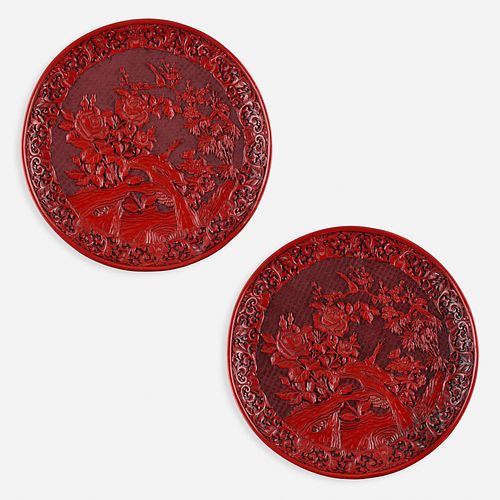 Chinese, Large cinnabar chargers, pair