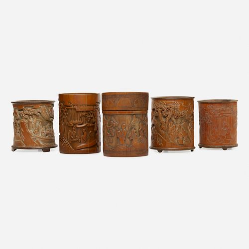 Chinese, carved bamboo brush pots, collection of five