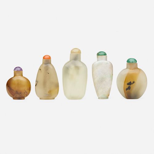 Chinese, agate and jade snuff bottles, collection of five