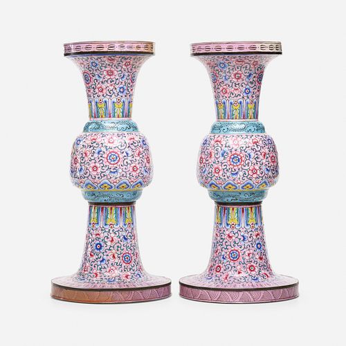 Chinese, pink-ground Canton enamel gu vases, pair