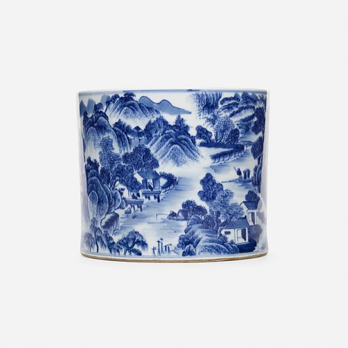 Chinese, Blue and White 'Landscape' brush pot