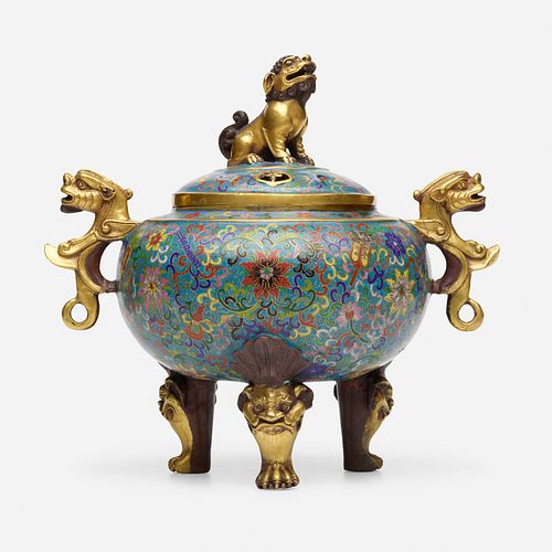 Chinese, cloisonne enamel tripod censer and cover