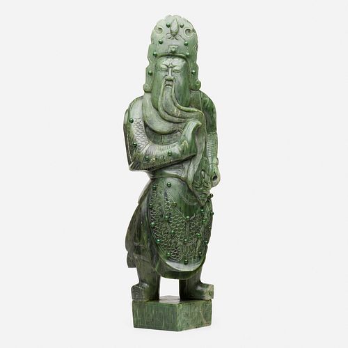 Chinese, Monumental spinach green jade figure of Guandi