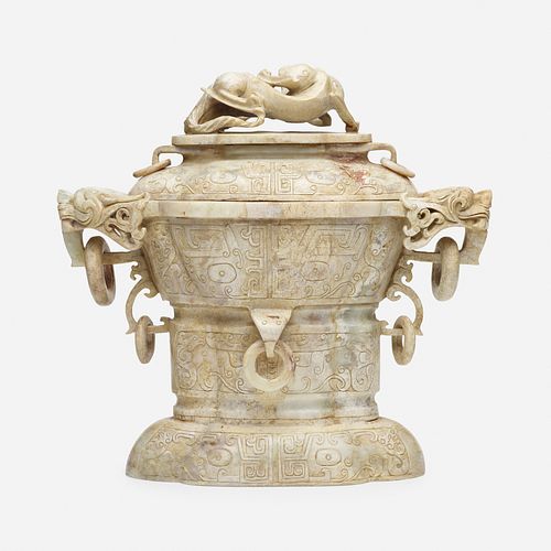 Chinese, Large archaistic jade 'Chicken Bone' censer and cover