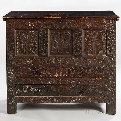 Carved Oak and Pine "MH" Hadley Chest