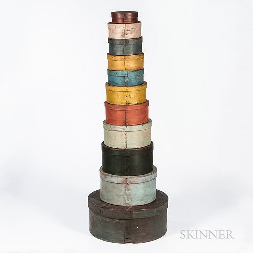 Stack of Eleven Painted Round Graduated Pantry Boxes