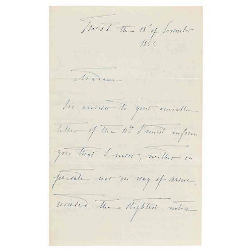 Habsburg, Maximiliano of. Handwritten letter. September 18th, 1856. Signed.
