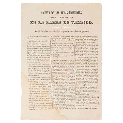 Garza, Juan José de la. Comunicado con respecto al Triunfo de las Armas Nacionales sobre los Franceses en la Barra deTampico, 1863.
