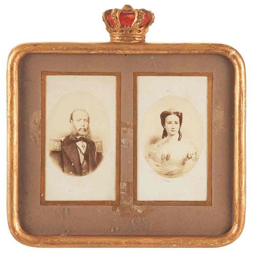 Portraits of Maximilian I of Mexico and Carlota. Late 19th century. Two cartes de visite, framed.