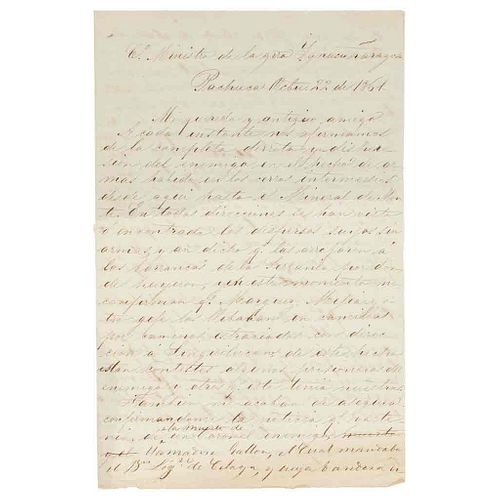 Tapia, Santiago. Handwritten letter. Pachuca, October 22nd, 1861. Signed.