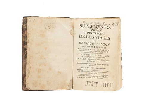 Guzmán y Manrique, Joaquín. Suplemento o sea Tomo Tercero de los Viages de Enrique Wanton al País de las Monas... Madrid, 1785.