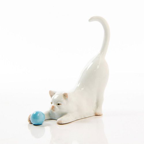 Herend Porcelain Figurine, White Cat With Blue Ball