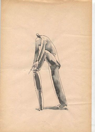SERGIO ZANNI   Ferrara, 1942 <br><br><br>Man tying a shoe<br>China ink and watercolored ink on paper, 31 x 21 cm<br><br><br>Good conditions. Without f