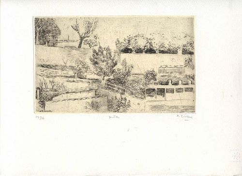ALBERTO ZIVERI<br>Rome, 1908 - 1990<br><br>Landscape, 1936<br>Dry-point engraving,  12 x 19,5  cm engraving (25,5 x 36 cm sheet)<br>Signed lower left 