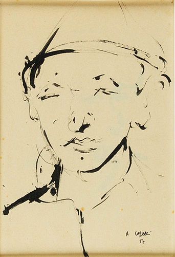 ANGELO CAPELLI<br>Villa d’Almè, 1930<br><br>Portrait of a man, 1957<br>China ink on paper, 30 x 20 cm<br>Signature and date in the lower right corner<