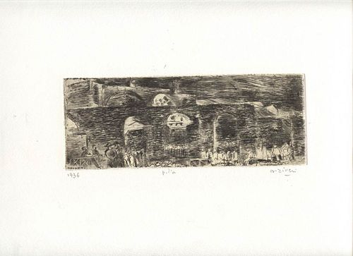 ALBERTO ZIVERI<br>Rome, 1908 - 1990<br><br>Basilica of Maxentius, 1936<br>Dry-point etching, 8 x 20 cm<br>Signed and example lower on the sheet: A. Zi