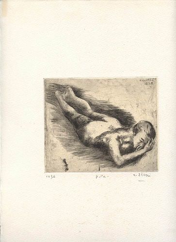 ALBERTO ZIVERI<br>Rome, 1908 - 1990<br><br>Katy, 1936<br>Dry-point etching, 11,5 x 14 cm<br>Signed and example lower on the sheet: A. Ziveri, 1936, pr