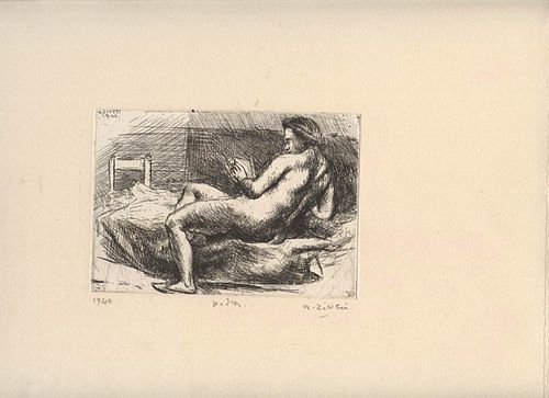 ALBERTO ZIVERI<br>Rome, 1908 - 1990<br><br>Nelda posing, 1940<br>Etching, 10 x 14 cm<br>Signed and example lower on the sheet: A. Ziveri, 1940, proof 