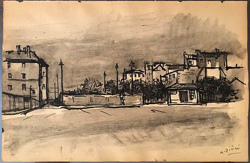 ALBERTO ZIVERI<br>Rome, 1908 - 1990<br><br>Porte de Clignancourt, 1948<br>China ink paper, 15,5 x 23,5 cm<br>Signed lower right: A. Ziveri; Signed, ti