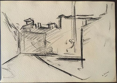 ALBERTO ZIVERI<br>Rome, 1908 - 1990<br><br>Street<br>Charcoal on paper, 18 x 25 cm<br>Signed lower right: A. Ziveri<br>Good conditions. Without frame.