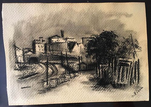 ALBERTO ZIVERI<br>Rome, 1908 - 1990<br><br>Along the river<br>Charcoal on paper, 18 x 25 cm<br>Signed lower right: A. Ziveri<br>Good conditions. Witho