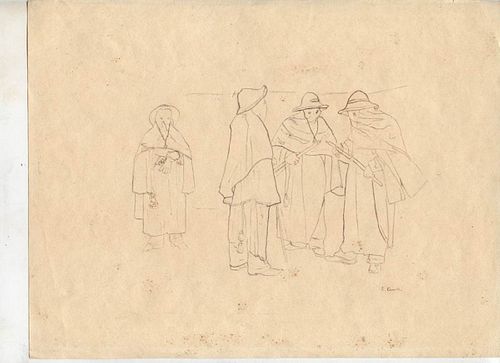 EMANUELE CAVALLI<br>Lucera, 1904 - Florence, 1981<br><br>Funeral ceremony in Puglia, 1930's<br>Pencil on paper, 28 x 21,5 cm<br>Signed lower right: E.