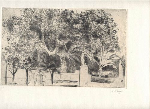 ALBERTO ZIVERI<br>Rome, 1908 - 1990<br><br>Villa  Borghese, 1934<br>Dry-point etching, 16 x 25 cm<br>Signed, dated and example lower: A. Ziveri, 1952,