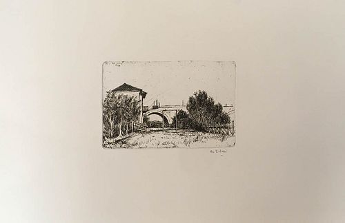 ALBERTO ZIVERI<br>Rome, 1908 - 1990<br><br>Ponte Flaminio, 1949<br>Etching, 9,5 x 13,5 cm<br>Signed lower: A. Ziveri, 1949; "Ziveri. Le incisioni. Cat