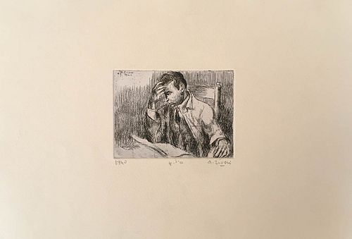 ALBERTO ZIVERI<br>Rome, 1908 - 1990<br><br>My brother, 1940<br>Etching,  8,5 x 12 cm<br>Signed, dated and example lower: A. Ziveri, 1940, p. d'a; "Ziv