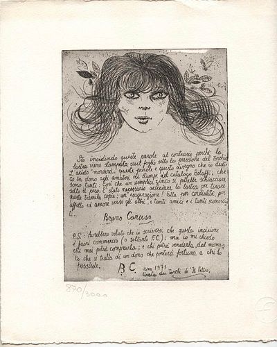 BRUNO CARUSO<br>Palermo, 1927<br><br>Face of a girl, 1971<br>Strong cotton paper, 18 x 13 cm (27 x 23 cm the sheet)<br>Signed, dated, example lower: B