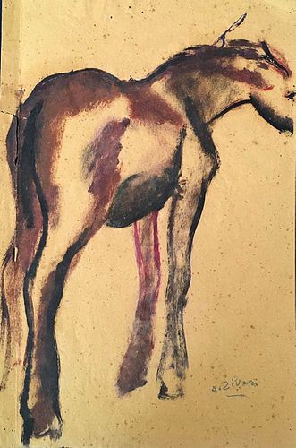ALBERTO ZIVERI<br>Rome, 1908 - 1990<br><br>Horse, mid 1920s<br> Mixed media on brown paper, 40 x 27 cm<br>Signed lower right: A. Ziveri<br>Long tear o