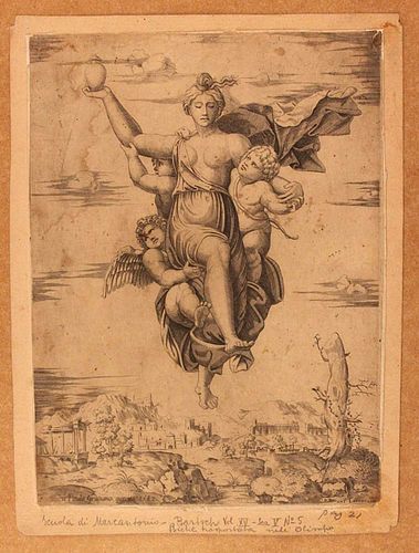 Marcantonio Raimondi (cerchia) <br><br>Psyche transported to Olympus, engraving by Marcantonio Raimondi (circle) printed in Rome at the Lafrery printi