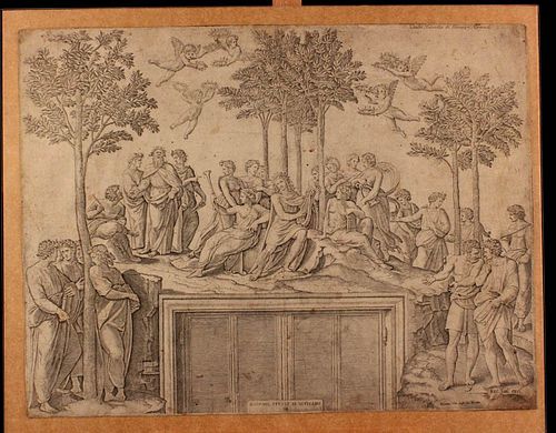 Marcantonio Raimondi (1480-1534) <br><br>The Parnassus of the Gods, 1585; Burin engraving by Marcantonio Raimondi (1480-1534) taken from Raphael's fre