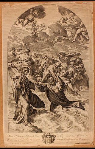 Gérard Audran (1640-1703)<br><br>La Navicella, S. Pietro saved from the waters, 1690; Etching by Gérard Audran (1640-1703) taken from the fresco by Gi