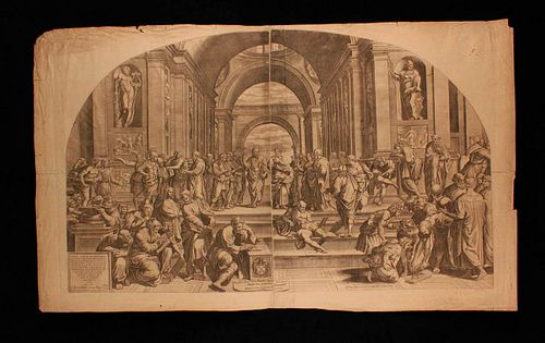 Giorgio Ghisi (1520-1582)<br><br>The School of Athens, about 1730; Burin engraving by Giorgio Ghisi (1520-1582), taken from the Vatican frescoes by Ra