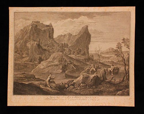 Francesco Bartolozzi (1728-1815)<br><br>River landscape with figures, 1760; Etching by Francesco Bartolozzi (1728-1815) taken from a painting by Agost