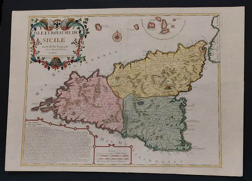 Nicolas de Fer (1646-1720)<br><br>L'Isle et Royame de Sicilie, 1722; Etching by Nicolas de Fer (1646-1720) Geographe de sa Majesté Catholique; printed