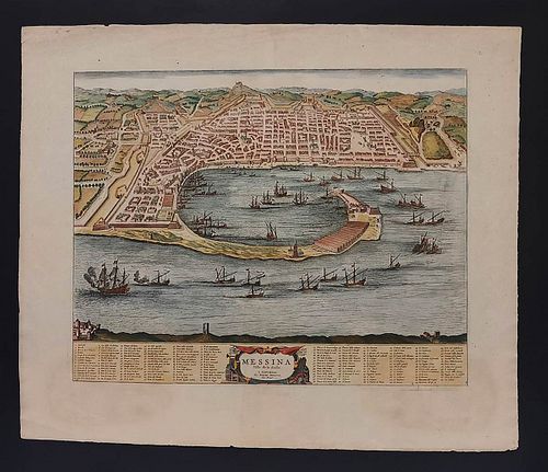Pierre Mortier (1661-1711)<br><br>Messina - plan, 1705; Etching by Pierre Mortier (1661-1711), with a view of the port animated by numerous sailing sh