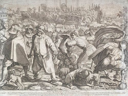 Francesco Villamena (1566-1626)<br><br>DEATH OF BRUTTOBUONO<br>Burin, 49,5 x 37 cm<br>Scene of brawl between popular spanish characters and French wir
