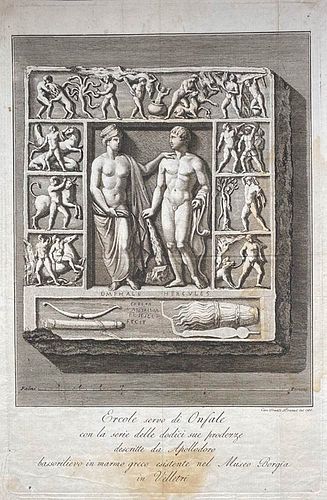 Francesco Piranesi (1758-1810)<br><br>HERCULES SERVANT OF ONFALE WITH THE SERIES OF TWELVE OF HIS FEATS DESCRIBED BY APOLLODORO BAS-RELIEF IN GREEK MA