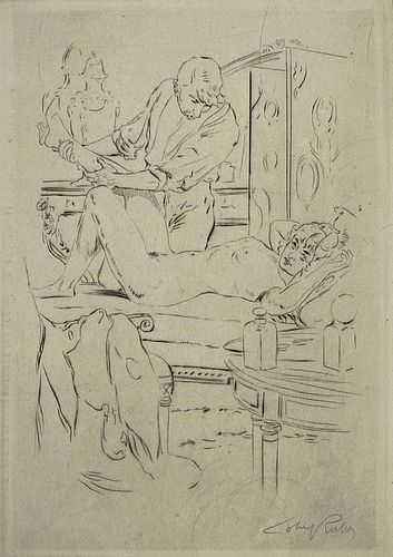Alméry Lobel Riche (1877-1950)<br><br> EROTIC  SCENE<br>Puntasecca, 28,5 x 19 cm<br>A gallant scene a naked man and woman lying on a cot.<br>Very good
