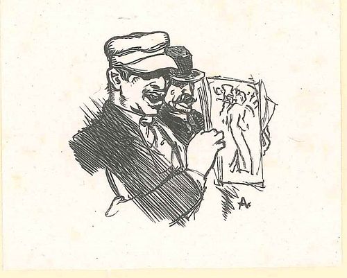 Auguste Lepère<br><br>Two Men with an Illustration, XIX Century <br>Xilograph, 5,5 x 7 cm<br>Two Men with an Illustration is an original artwork reali